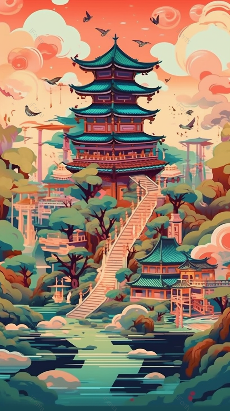 中国风山水建筑植被手绘背景,插画/手绘图,插画/手绘图库,插画/手绘图下载,插画/手绘